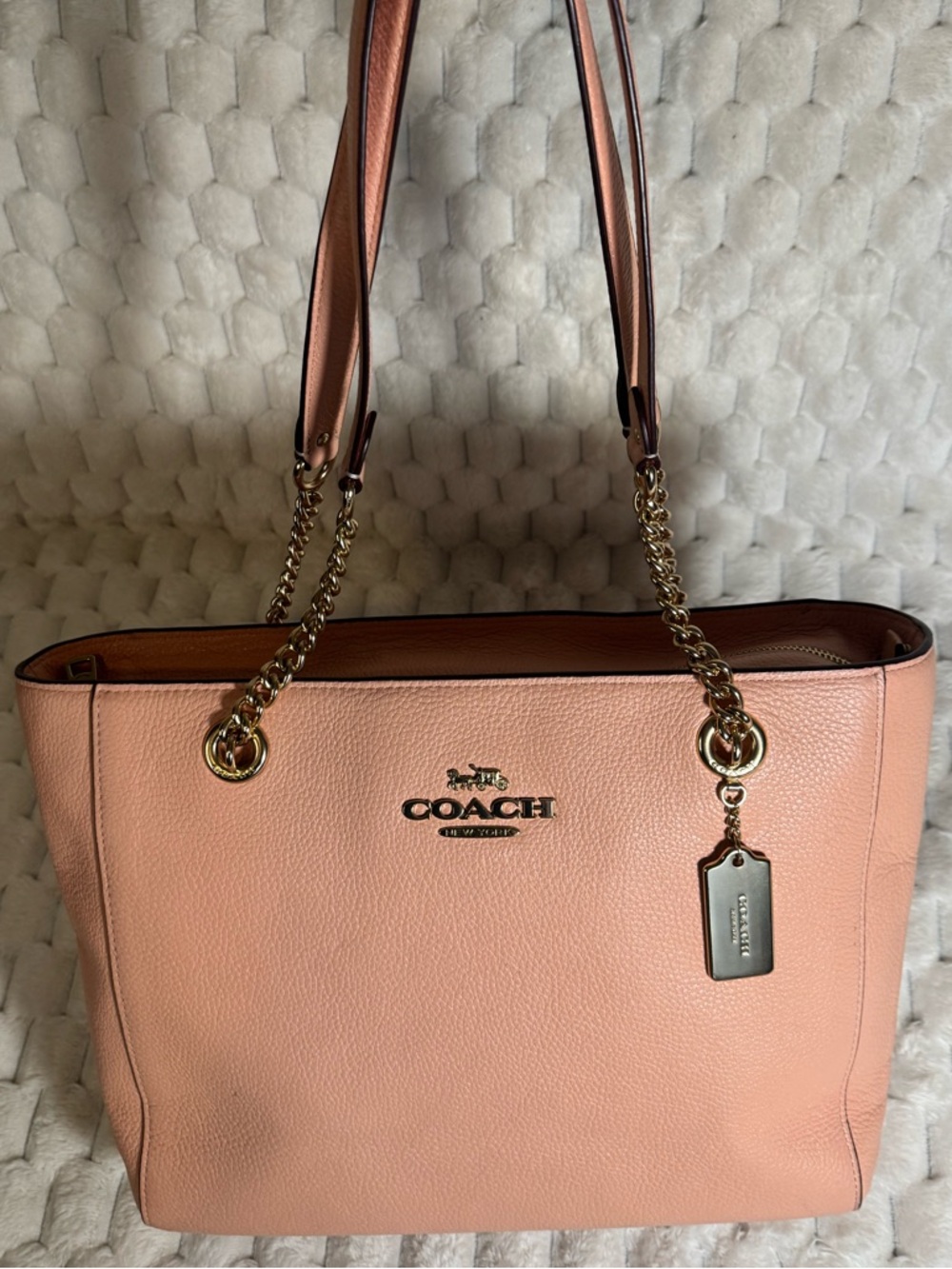 COACH Cammie Blush Pink Pebbled Leather Tote with Gold Chain Straps